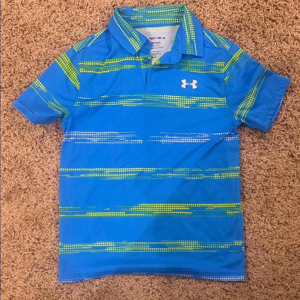 Under Armour Blue Polo with Lime Green Stripe Accents